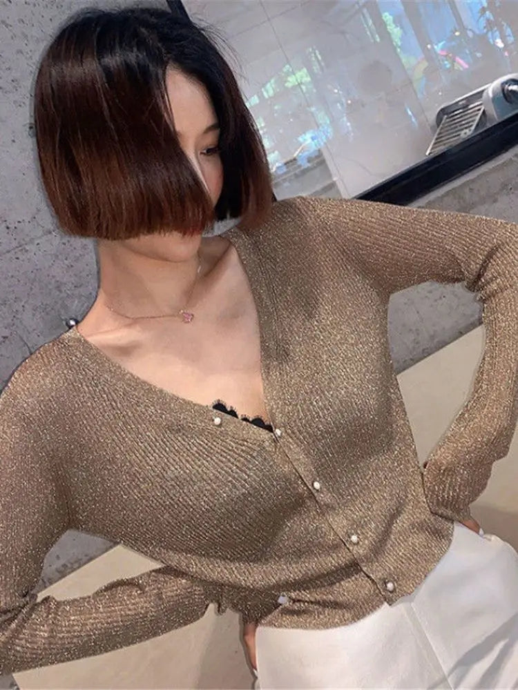 Spring and Autumn Golden Silver V-Neck Sexy Sparkling Yarn Thread Knitted Pearl Button Cardigan for Women