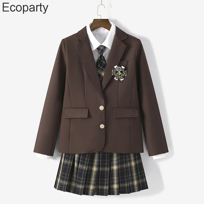 Women's Korean Fashion Jk School Uniform Coat Spring Autumn Black Lapel Long Sleeve Jackets With Badges College Style Costume