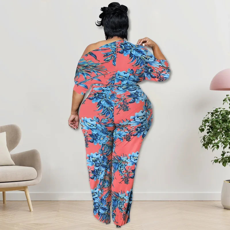 WUHE Off Shoulder High Waist Wide Leg Jumpsuit 2024 Summer Plus Size Women Print Elegant Half Sleeve Chic Overall Playsuit