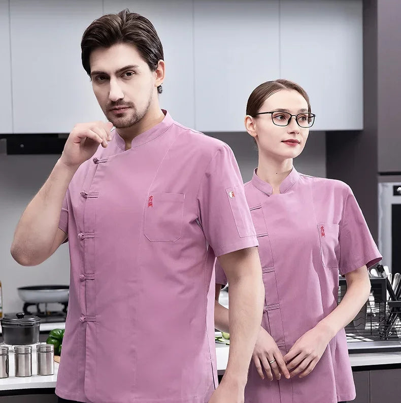 Short Sleeve Chef Jacket for Men Women Pink Restaurant Waiter Uniform Pastry Cook Shirts