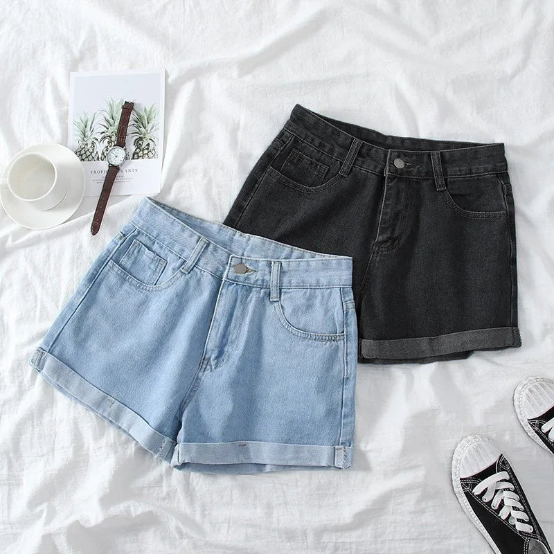 Korean Style Edge Curl Denim Short Pants Women Summer Emipire Waist Loose A-line Short Jeans Fashion All-matched Trend Jean