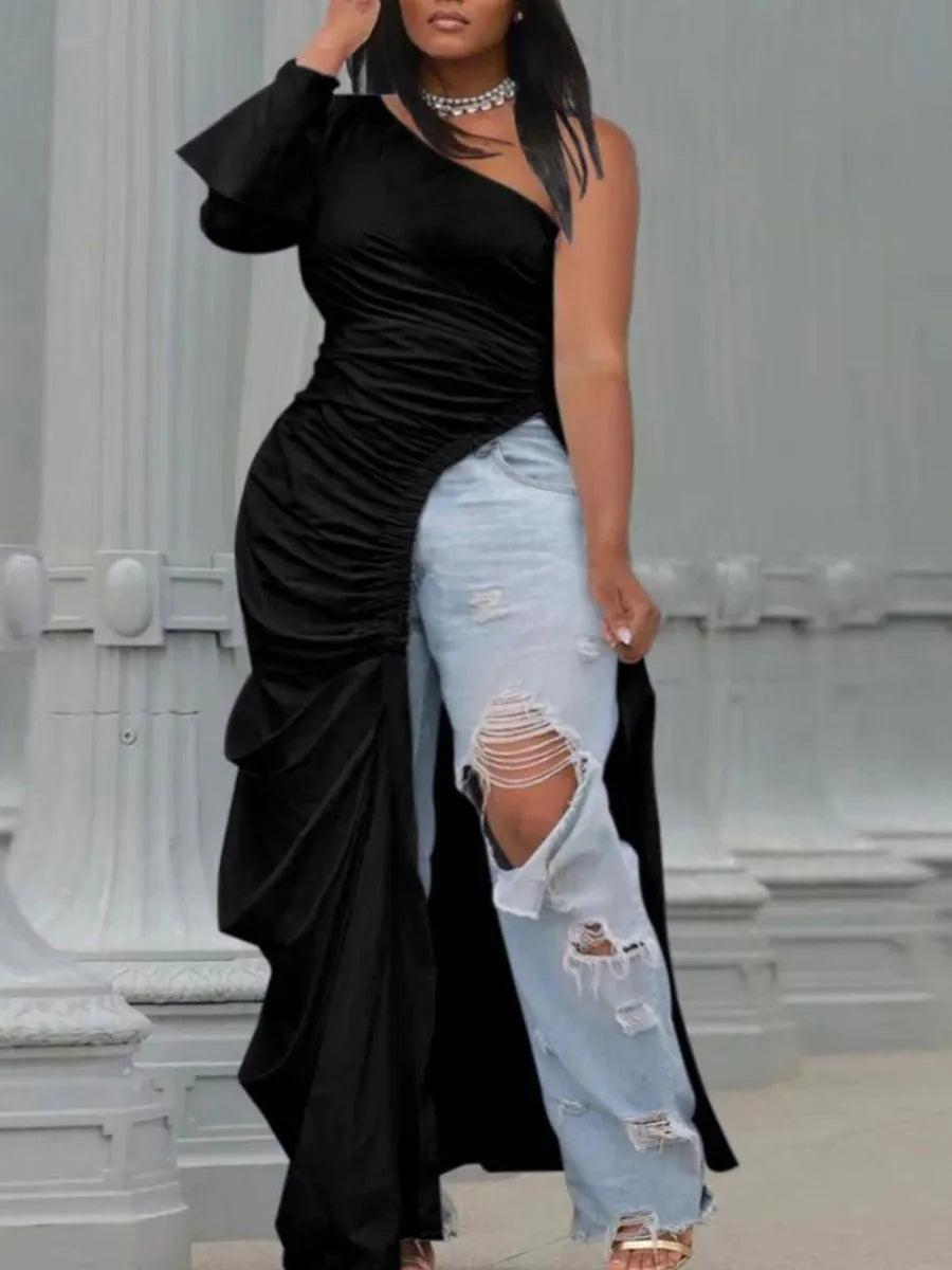 LW Plus Size Spring Solid Asymmetrical Side Split Stretchy Draped Dress Sexy Plain Party Female Vestidos Maxi Dress