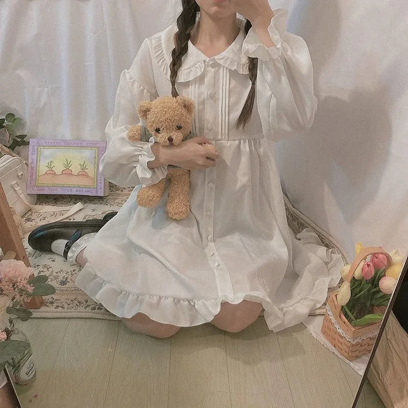Women's Summer Spring Dress White Black Long Sleeves Lolita Dresses Ruffles Peter Pan Collar Preppy Style Princess Fairy Cute