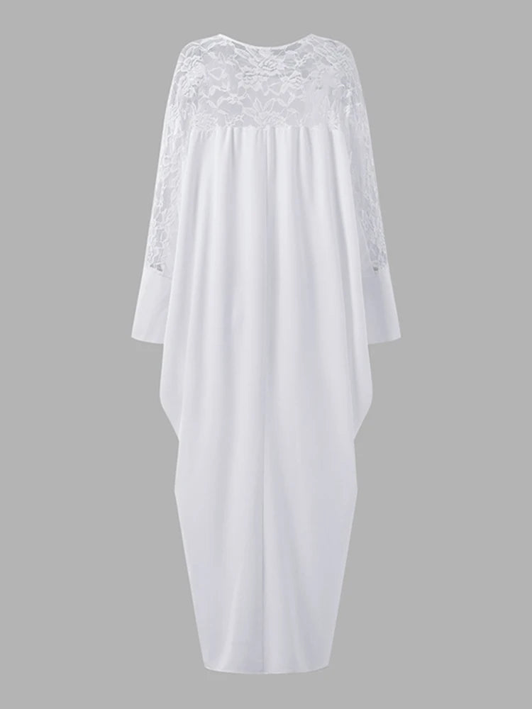 VONDA Plus Size Women Maxi Dress Summer Sundress Long Sleeve White Lace Robe Female Holiday Patchwork Casual Long Vestido