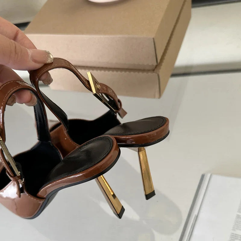 Eilyken Street Style Sexy Pointed Toe Metal Buckle Strap Women Pumps Stripper Sandals Slingback High Heels Female Shoes