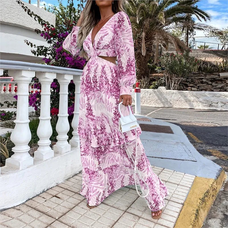 Sexy Floral Print Dress Women V Neck Side Slit Elegant Long Dress Spring Loose Elegant Boho Holiday Beach Dress Vestidos Y2K