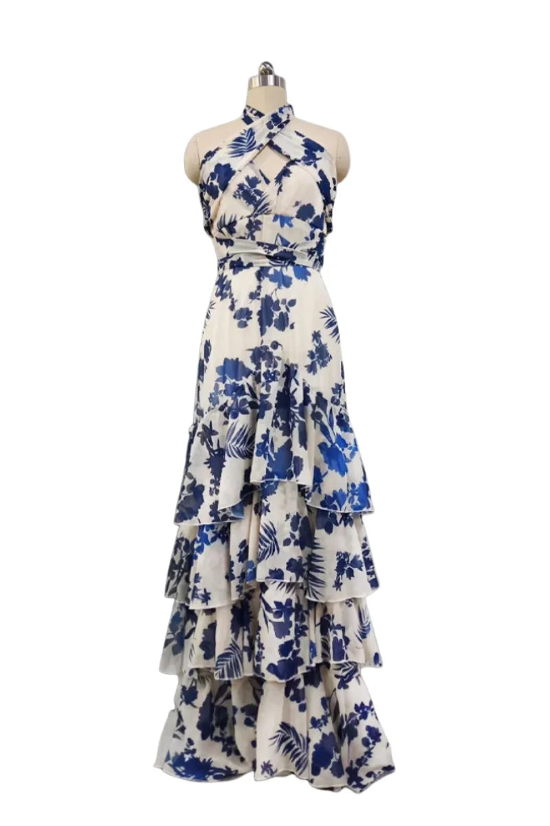 Women's Long Dress Printed Halter Neck Sleeveless Off Shoulder Hollow Out Dress 2023 New Fashion Summer Vacation Dress Famale