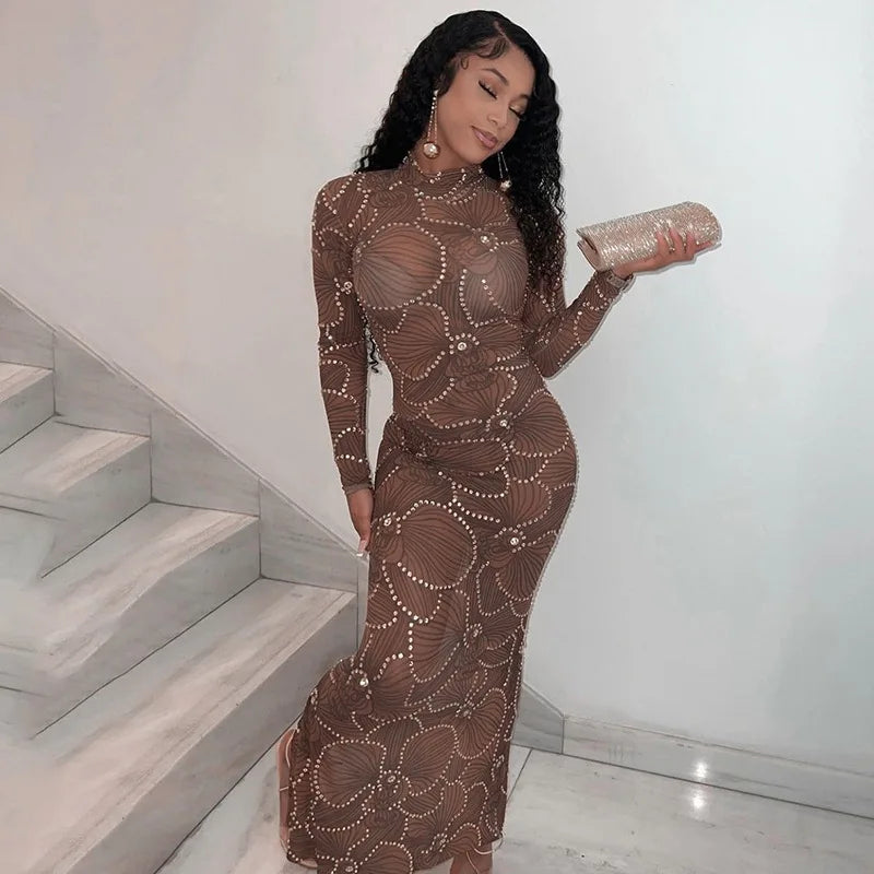 2023 Summer Clothes Women Long Sleeve Party Club Evening Bodycon See Through Long Dress Wholesale Items For Business