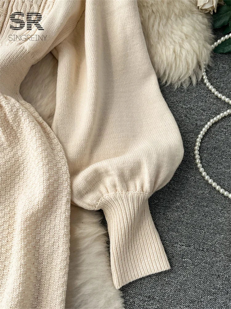 SINGREINY Loose Casual Knit Long Dress Women Solid Elastic Waist Lantern Sleeve O Neck Ladies Fashion Winter Sweater Dresses