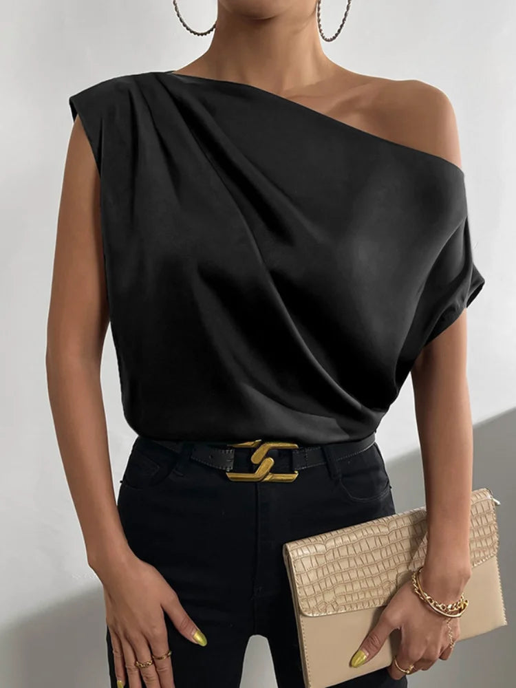 Freeacy Diagonal Collar One-Shoulder Asymmetric Loose Solid Color Blouses For Women Summer New Stylish Elegant Shirt Tops