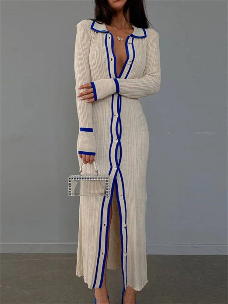 Patchwork Slim V-Neck Dress Cardigan For Women Contrast Long Sleeve High Street Maxi Dress Female Elegant Party Dress