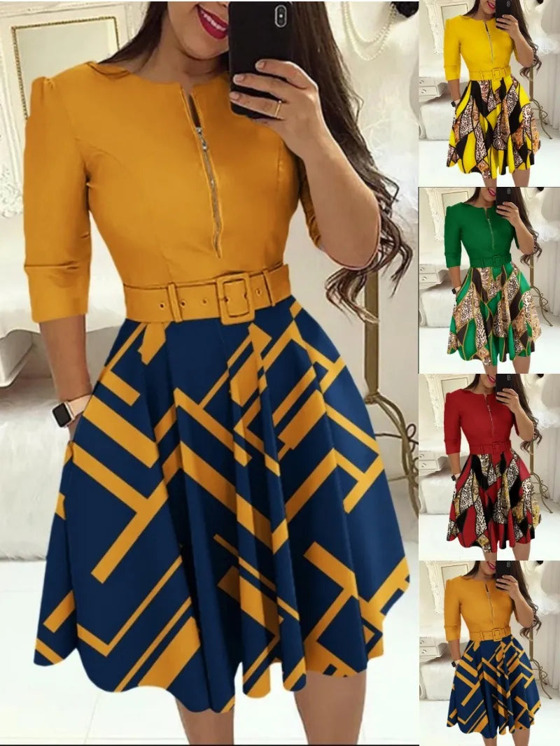 Women's Fashion Style Long Sleeve Dresses Autumn/Winter Round Neck Printed Belt Dress Elegant Office Lady Clothes S-3XL