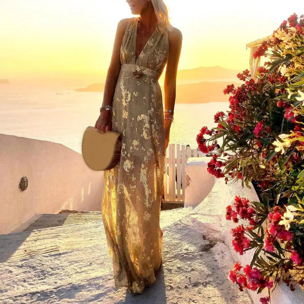 Party Dress Flowy Hem Soft Ankle-Length Elegant Bronzing Applique Casual Vest Gown Dress Beach Dress Female Clothing