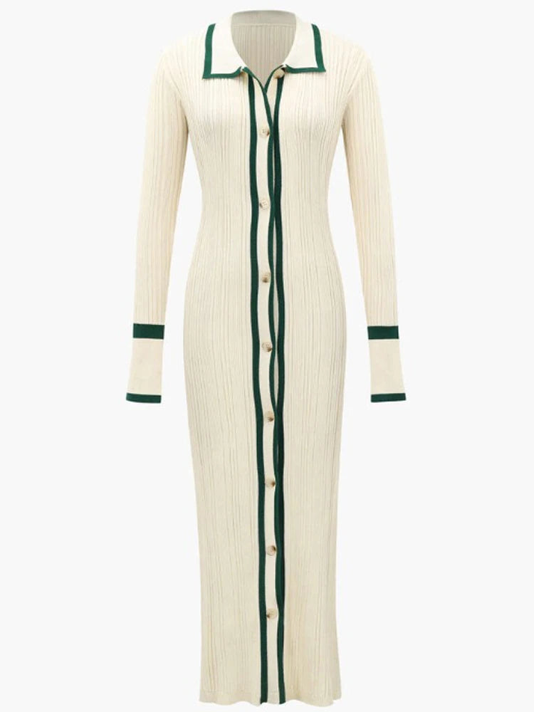 Patchwork Slim V-Neck Dress Cardigan For Women Contrast Long Sleeve High Street Maxi Dress Female Elegant Party Dress