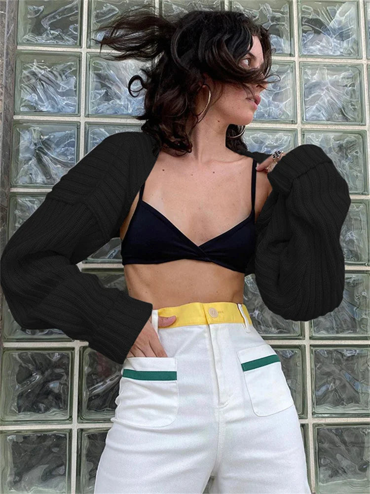 Women Ultra-short Sweater Coat 2022 Autumn Winter Long Sleeve Loose Knitted Crop Tops Solid Color Sexy Cardigan Sweaters Tops
