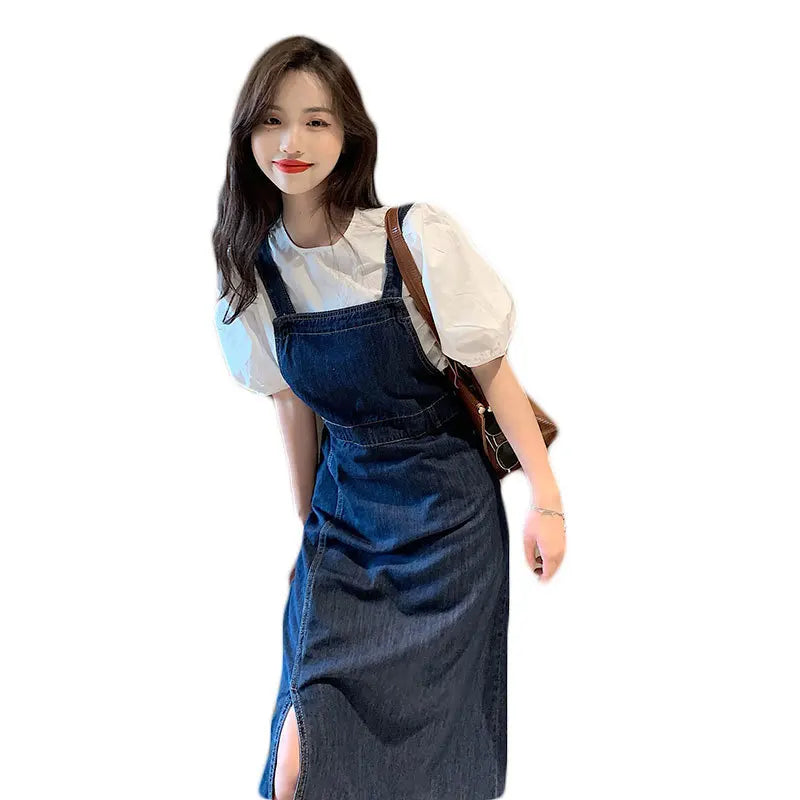 Women's Summer Fashion Side Split Dress Korean Edition Casual Denim Strap Dress Versatile Thin And Small Design Long Dress