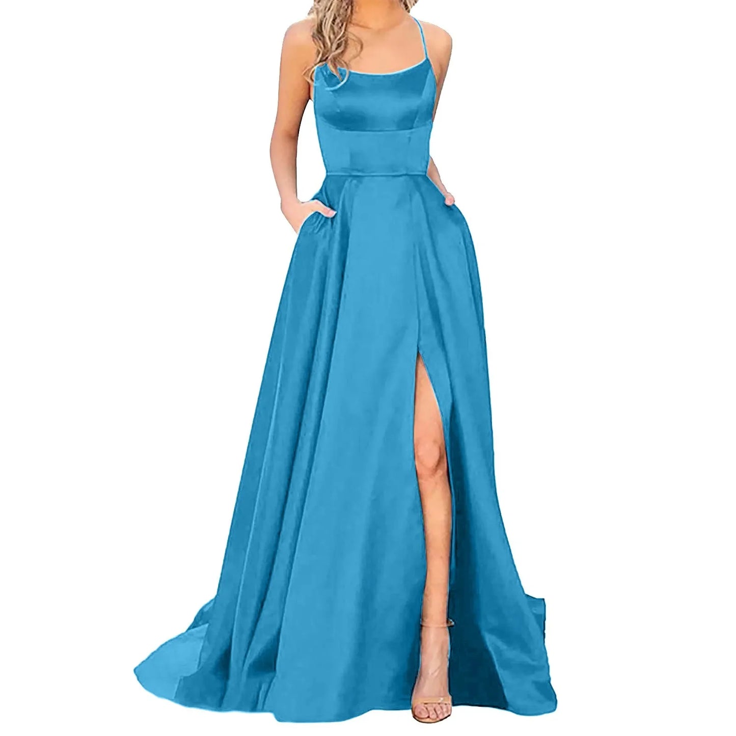 Solid Color Dresses Prom For Women Sexy Satin Spaghetti Strapbackless Side Slit Tunic Slip Dress Female Party Evening Long Dress