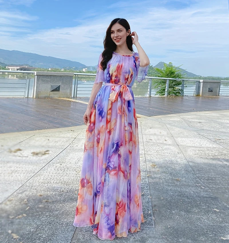 Plus Size Bohemian Beach Sundress Flying Clothing Chiffon Loose Elegant Vestido Robes Lady Holidays Prom Long Dress Belt Which