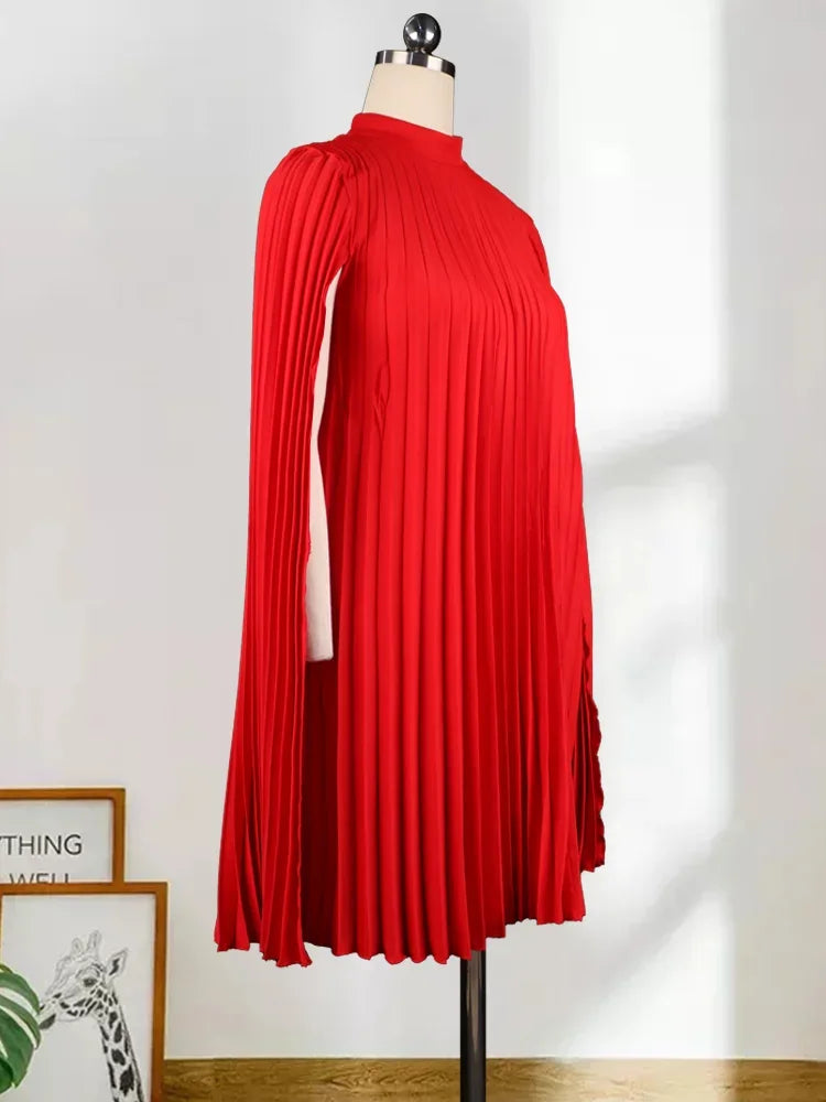 Plus Size Women Oversized Pleat Dress Mock Neck Cloak Sleeve Loose Short Dresses Curve Female Summer Birthday Party Club Wear