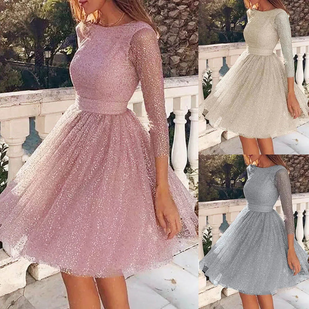 Korean Fashion Mesh Party Dress Summer Long Sleeve Ruched Sequin Gauze Dresses Vacation Beach Midi Dress Vestidos