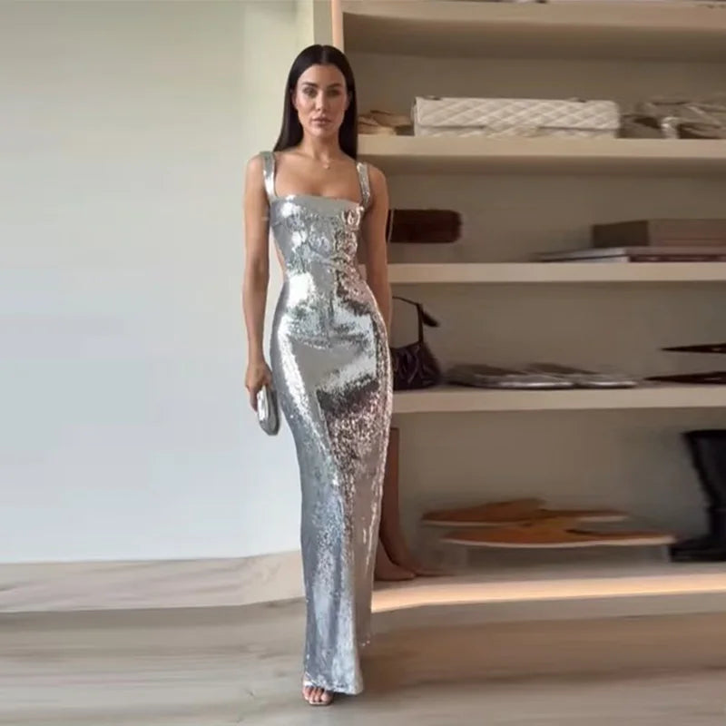 Sexy Sling Backless Hollow Out Silver Dresses Women Fashion High Waist Sleeveless Bodycon Dress Female Evening Party Vestidos