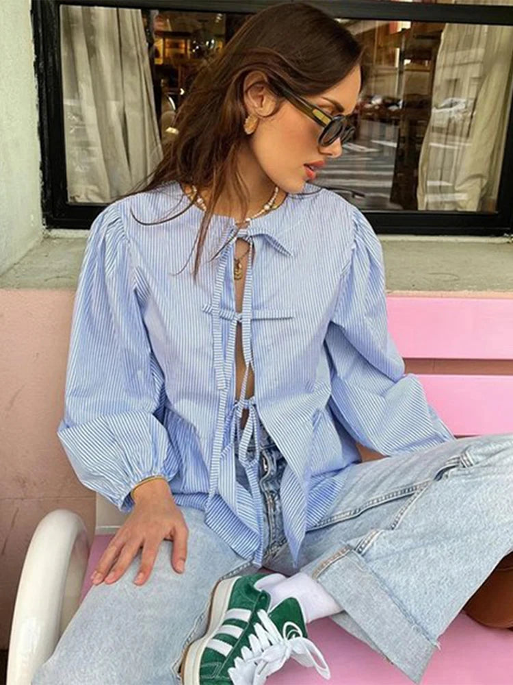 Hollow Out Lace Up Shirts Women Bow Elegant Puff Long Sleeves Lady Blouse 2024 Spring Summer New Print O-neck Fashion Female Top