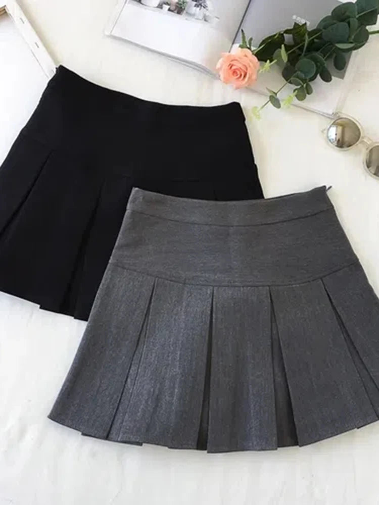 ZOKI Vintage Gray Pleated Skirt Women Kawaii High Waist Mini Skirts Korean Fashion School Uniform Harajuku Streetwear Spring