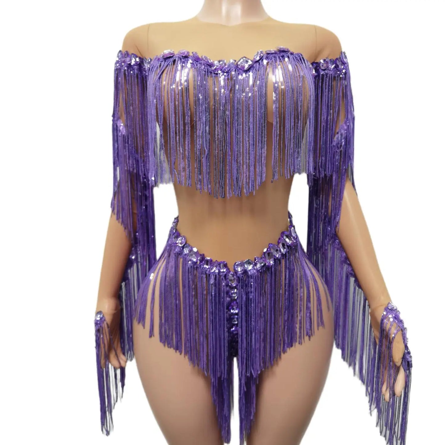 Purple Shining Rhinestones Tassel Bodysuits Women Fashion Show Model Clothing Sexy Stage Costume Jazz Dance Wears Weixiao