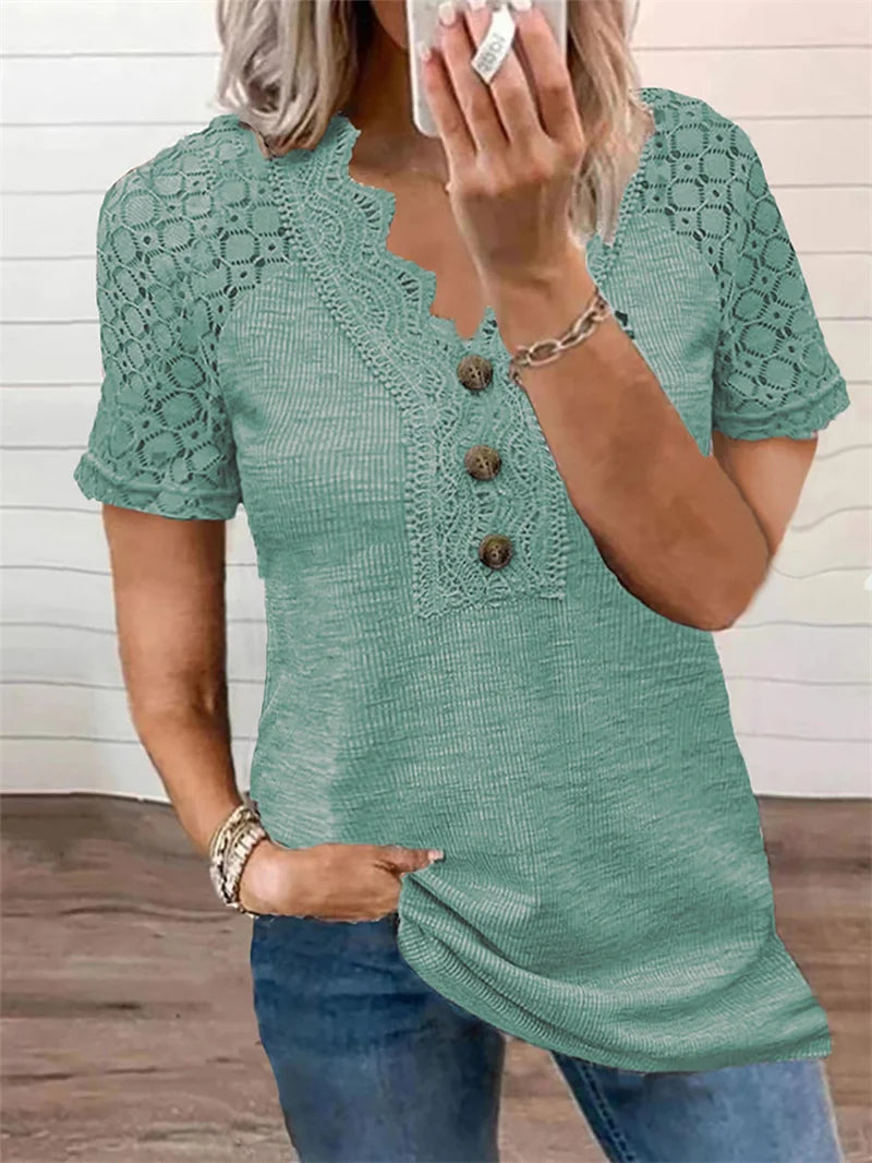 2024 Elegant Hollow Out Lace V Neck Short Sleeve T-Shirt Women Three Buttons Decoration Tops Female Office Commuter Casual Tees