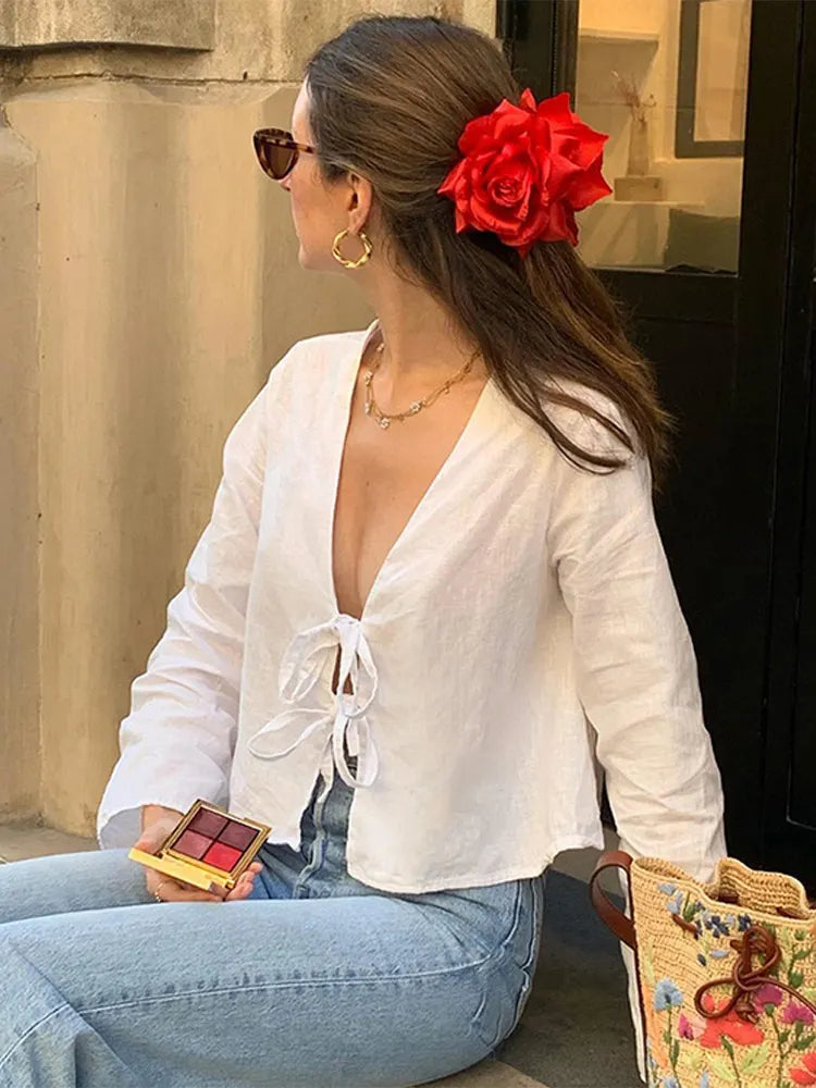 Women's Fashion V-neck Lace-up White Shirt Lady Casual Long-sleeved Loose Tops 2024 Spring Female Chic Office Ladies Blouse