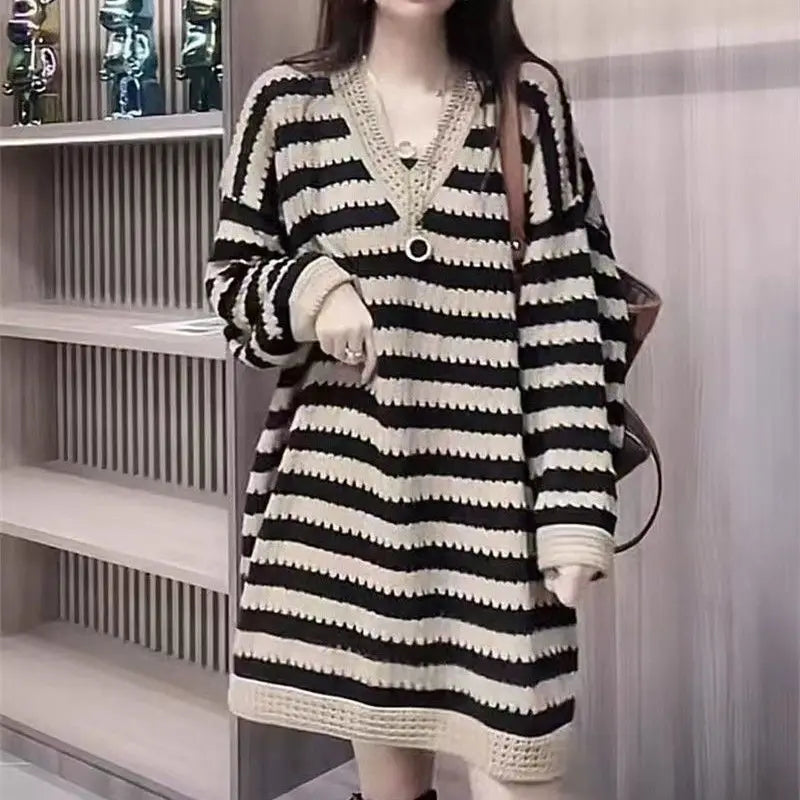 Spring Autumn New Hollow Stripe Knitted Skirt for Women's European Retro Mid Length Loose V-neck Long Sleeved Sweater Dress