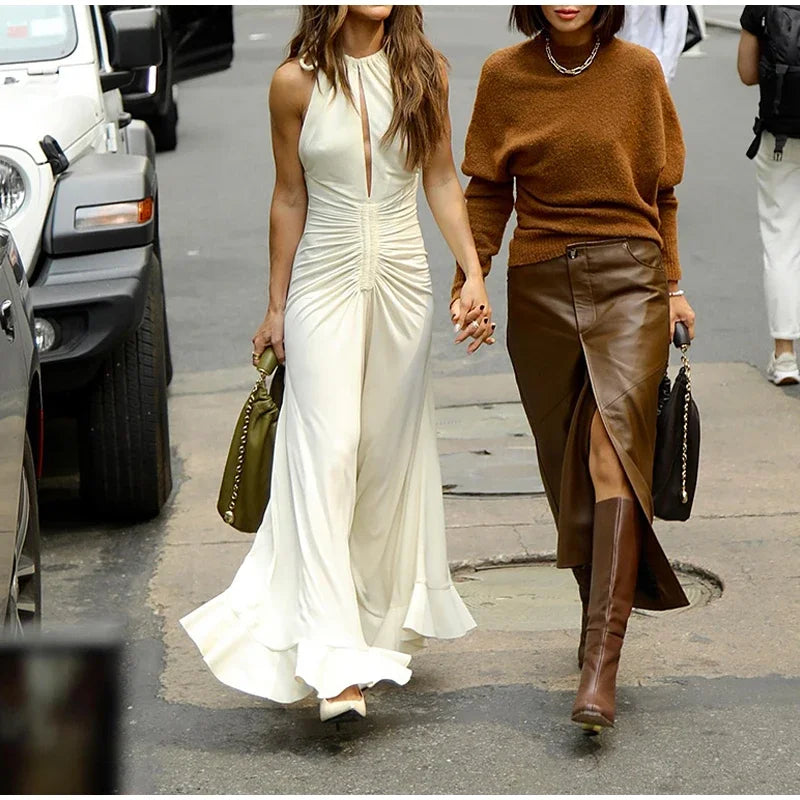 Sexy Pleated Drawstring Slim Flounce Maxi Dress Women Chic Cut Out Sleeveless Ruffle Robes 2024 Spring Club Party Chic Vestidos