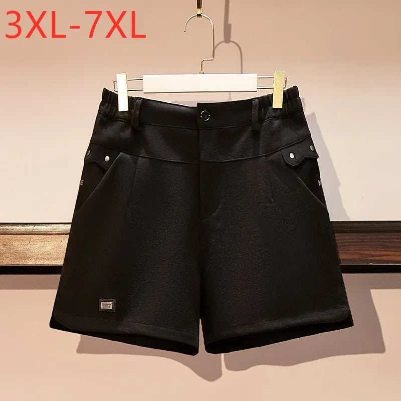 New 2022 Autumn Winter Plus Size Shorts For Women Large Casual Black Wide Leg Pocket Woolen Thick Shorts 3XL 4XL 5XL 6XL 7XL