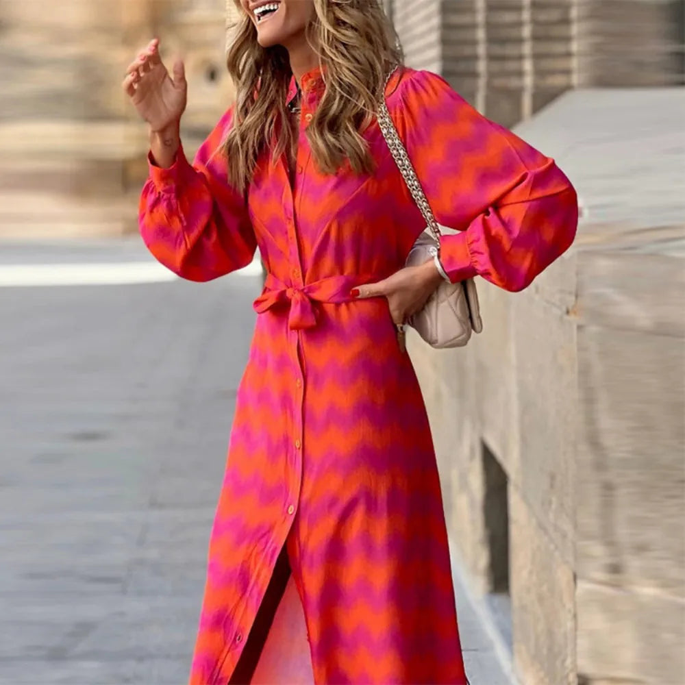 New European and American women's printed lace up contrasting Bohemian slit dress