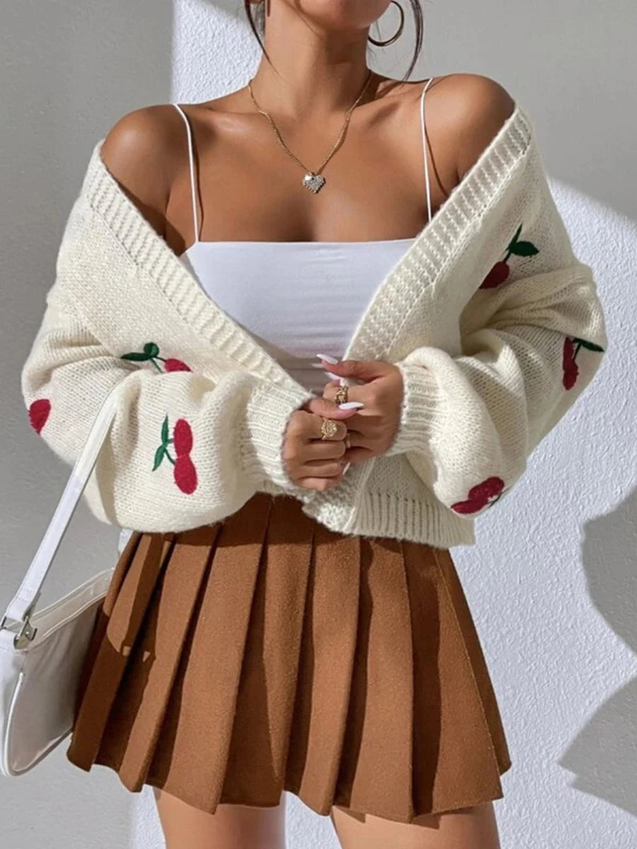 Women acute s Open Front Knit Cardigan Cherry Jacquard Long Sleeve Chic Loose Sweater Fashion Cropped Jacket for Spring Fall