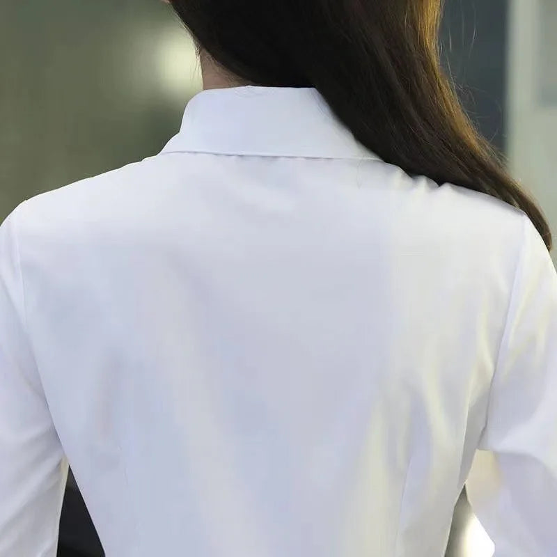 White Women Shirt Fashion Long Sleeve Working ClothesTurn Down Collar Female Blouse Button Up Shirts Office Ladies Elegant Tops