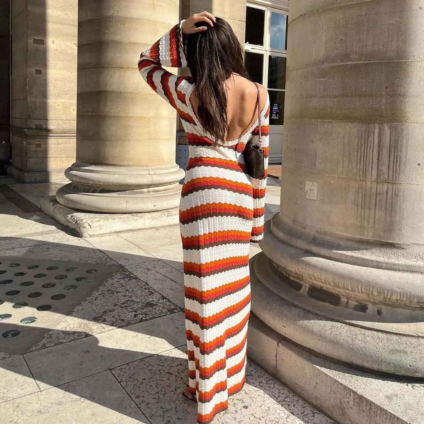 Knitted Hollow Out Dress Women's Striped Print Contrast Color Beach Vacation Long Dress Cover Up Maxi Dress For Women Vestido