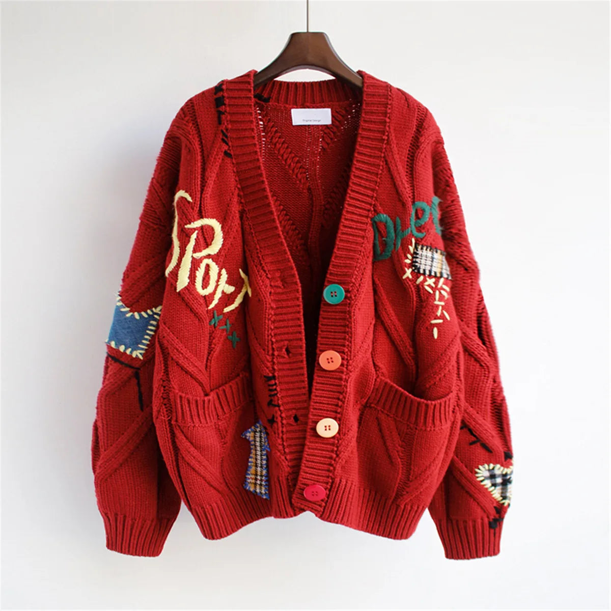 New Embroidery Knitted Cardigan Women's Sweater Warm Long Sleeve Letter Print Pocket Jumpers Autumn Winter Loose Sweaters
