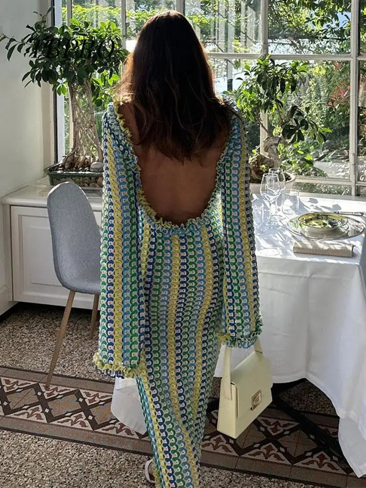 Contrast A-line Vestidos Female Party Club Vacation Robes Sexy Backless Women's Flare Sleeves Long Dress Fashion Elegant