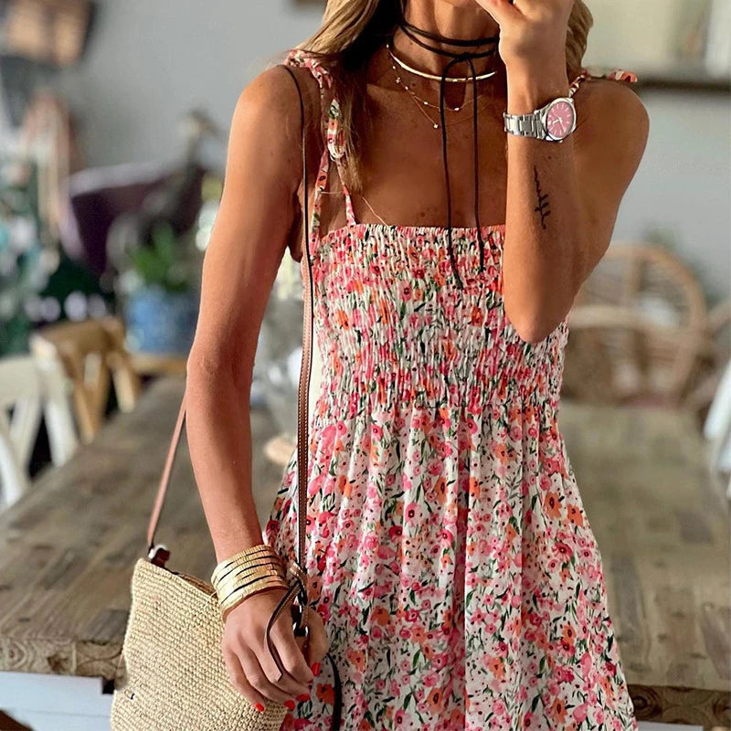 Bohemian Casual Floral Print Holiday Beach Dress Spring Slash Neck Draped Long Dress Summer Off Shoulder Pleat Sling Women Dress