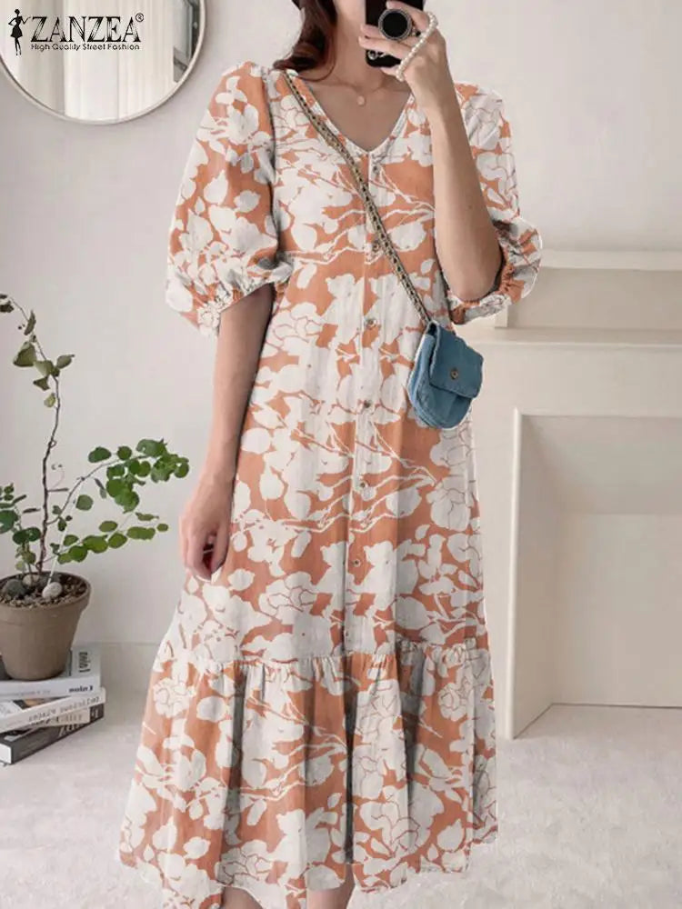 ZANZEA Women Print Robes Longue Oversized Fashion 2024 Summer Puff Sleeve Maxi Vestidos Retro Dress Casual Solid Baggy Sundress