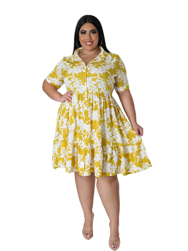 Plus Size Midi Dress Women Floral Print Female A Line Elegant Spring Summer Short sleeve Dress Casual Party Dresses