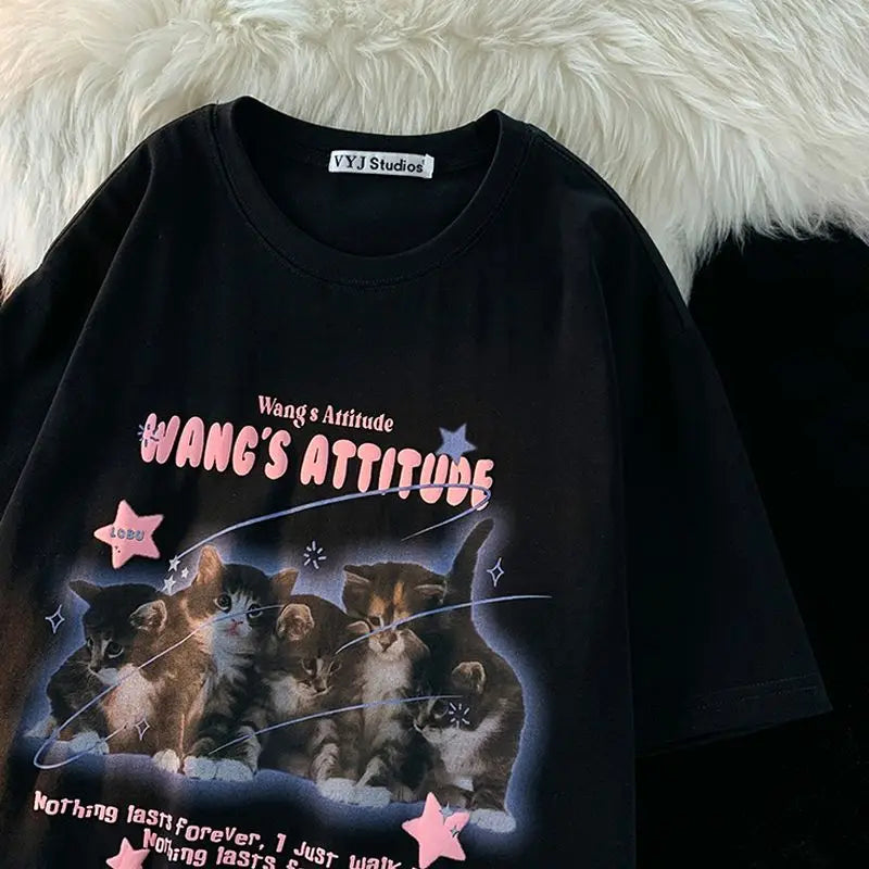 Pure cotton summer cute cat short sleeved t-shirt female Japanese retro sweet half sleeved student top ins y2k top t shirt