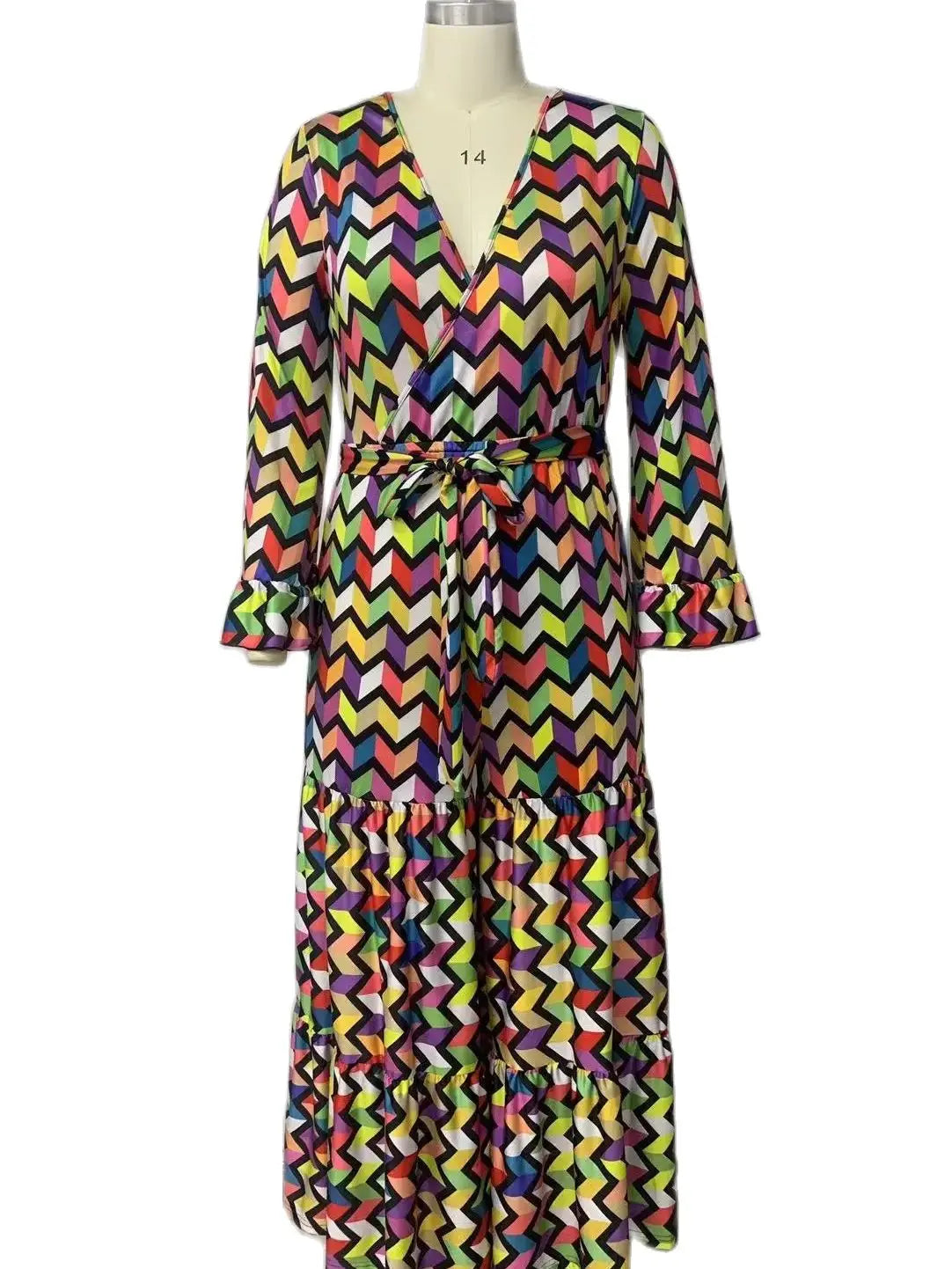 Plus Size V Neck Elegant Jumpsuit Zigzag Print One Piece Outfit Female Loose Belt Playsuit 2023 Women Fashion Wide Leg Pants