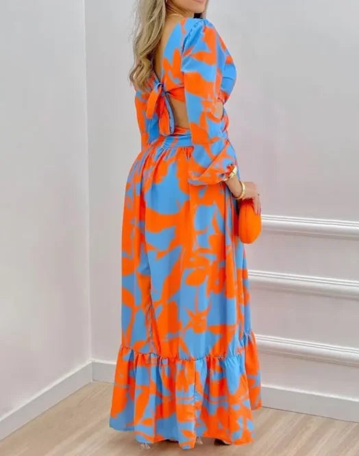Spring Women Long Sleeved Cutout V-Neck Twist Summer Elegant Tie Dyed Floral Printed Lantern Sleeve Split Thigh Maxi Dress