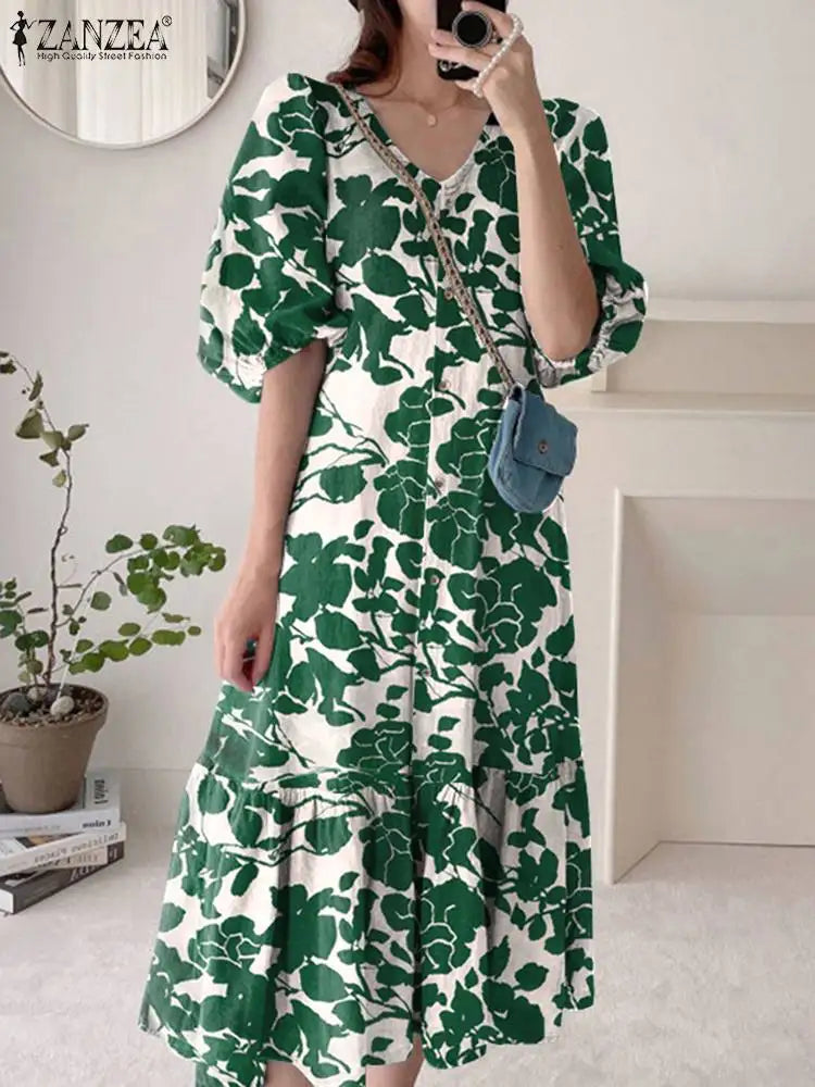 ZANZEA Women Print Robes Longue Oversized Fashion 2024 Summer Puff Sleeve Maxi Vestidos Retro Dress Casual Solid Baggy Sundress