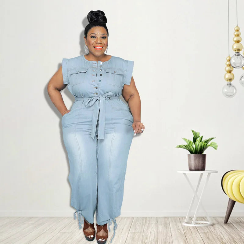 Plus Size Sleeveless Jean Jumpsuit Female Denim Cloth Women One Piece Outfit Casual Pencil Pant 2023 Autumn Elegant Jumpsuit