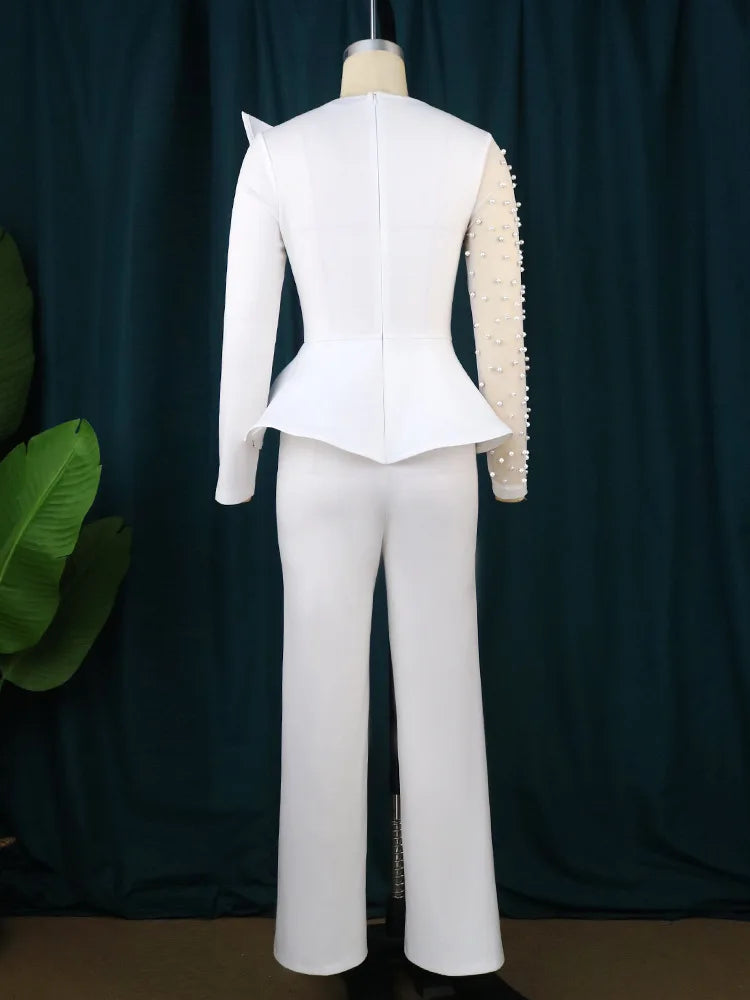 Plus Size Beading Sheer Jumpsuit Female Mesh Patchwork Cloth Women One Piece Outfit Wide Leg Pant 2023 Autumn Elegant Jumpsuit