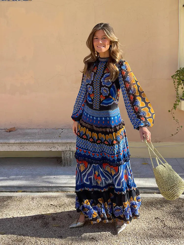 Vintage Print Round Neck Maxi Dress For Women Fashion Lantern Sleeves Loose Long Dresses 2024 Ladies Casual Vocation Streetwear