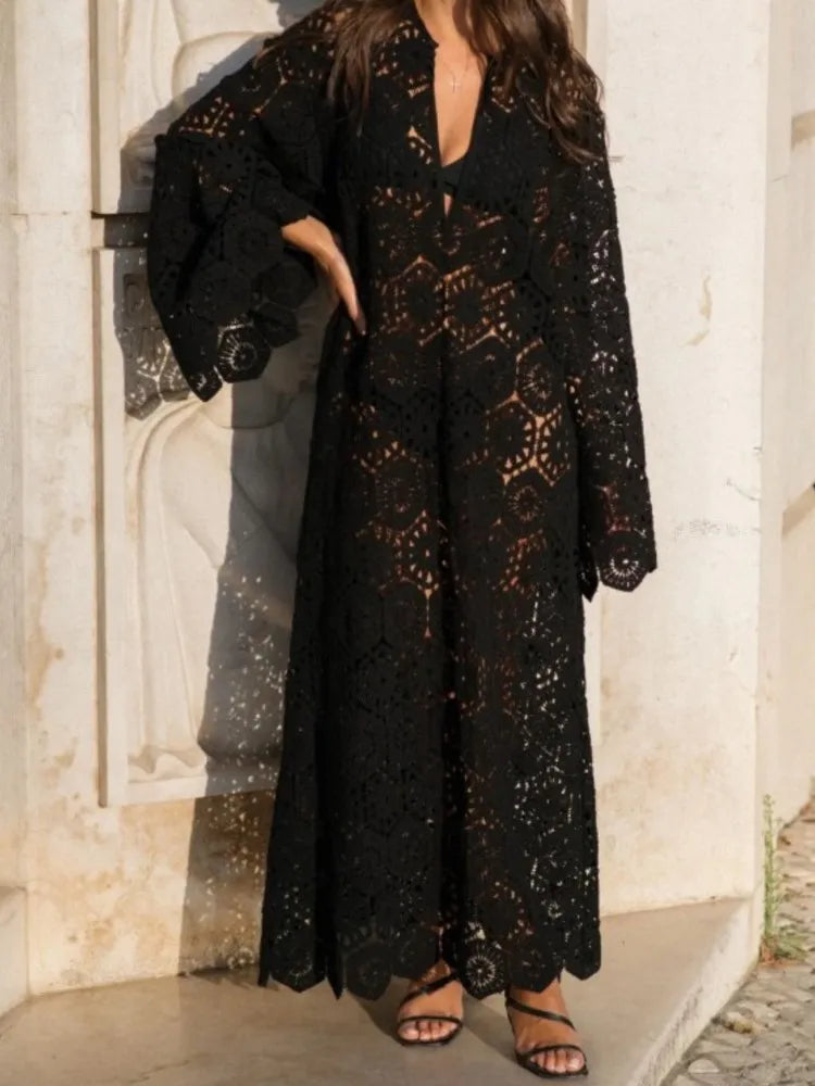 Sweet Hook Flower Hollowed Out Midi Dress For Women Sexy V Neck Long Flare Sleeves Loose Vestidos Female Party Elegant Robe 2024